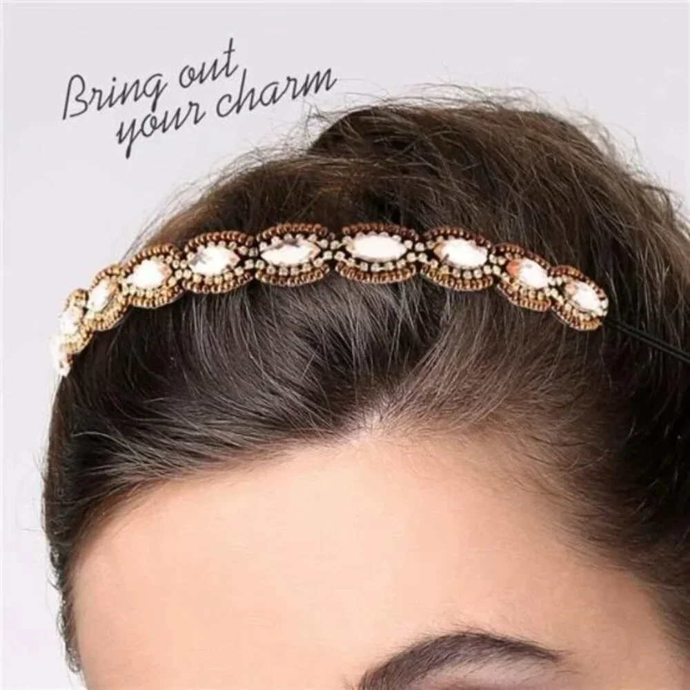 Rhinestone Beaded Elastic Headband, Fashionable Handmade Crystal Beaded Elastic
